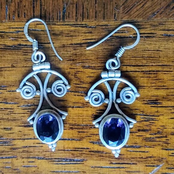 NEW HAND-CRAFT AMETHYST STERLING SILVER DANGLE HOOK EARRINGS 2" DROP - Picture 1 of 3